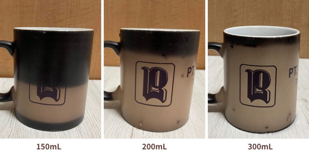 150mL、200mL、300mLのお湯をマグカップにいれた時の量です。
お湯を入れたところまで色が変わってます。