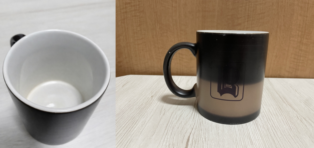 左はマグカップの大きさ。右はマグカップに150mLのお湯を入れている画像です。お湯を入れると色が変わります。