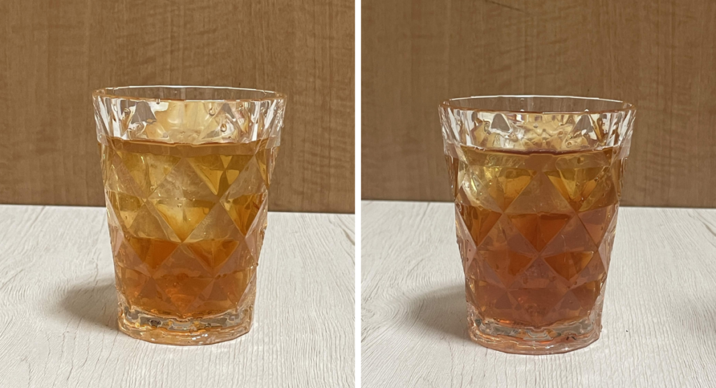 水出し紅茶をティーバッグの量により濃さを比較したものです。
左が3個、右が4個のティーバッグです。