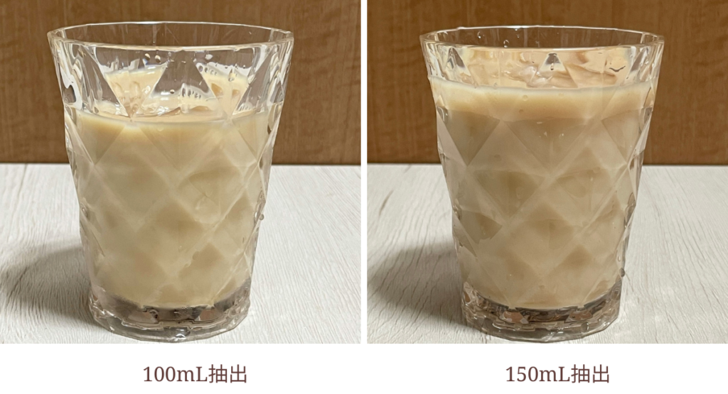 紅茶の抽出を左が100mL、右が150mLで行い、30mLの牛乳を入れてミルクティーを作って比較してみました。